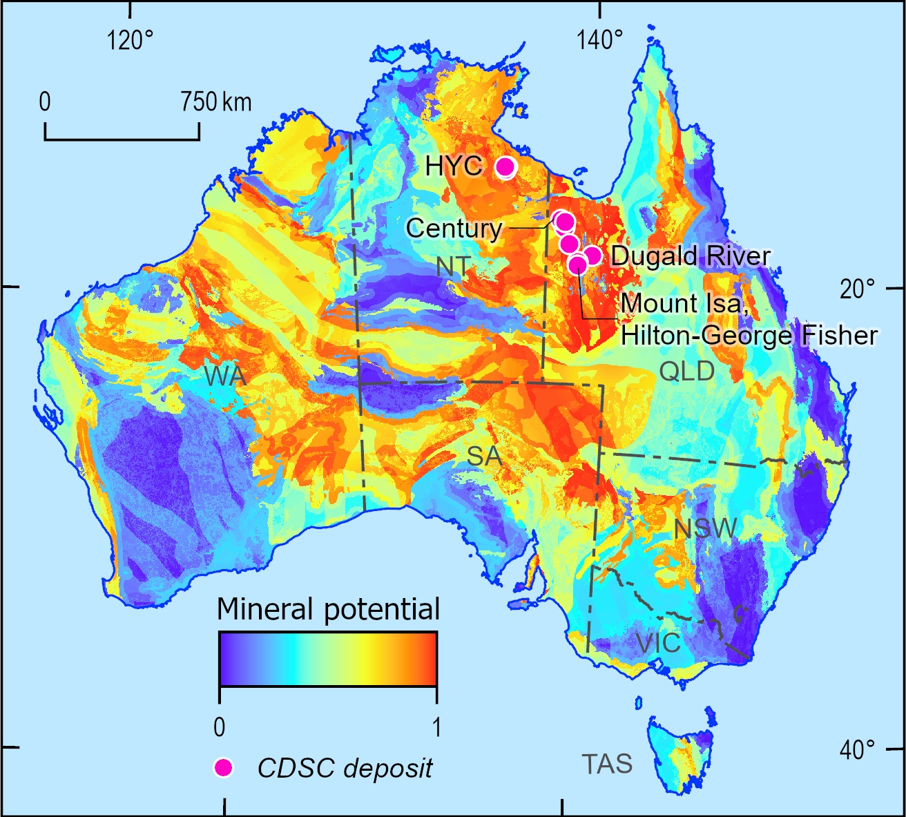 Australias mineral potential map for sediment-hosted siliciclastic carbonate zinc-lead deposits