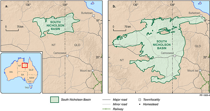 Map comparing the new (b) versus old (a) outline of the South Nicholson Basin.