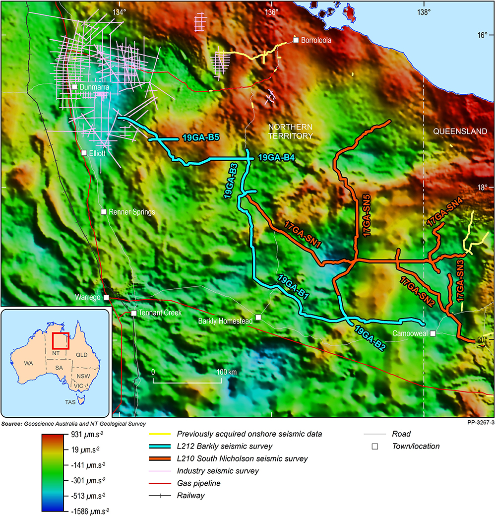 Gravity image of the Barkly region showing the new Barkly Seismic and the older seismic surveys on a gravity image.