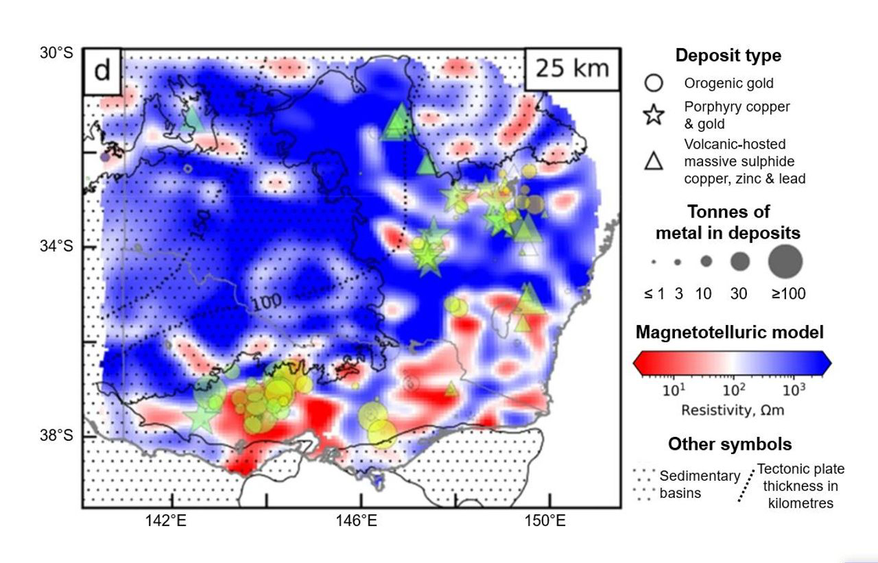 A three-dimensional model of NSW and Victoria at a depth of 25 kilometres derived from AusLAMP data showing mineral deposits, especially orogenic gold deposits, are spatially associated with conductors, indicated in red