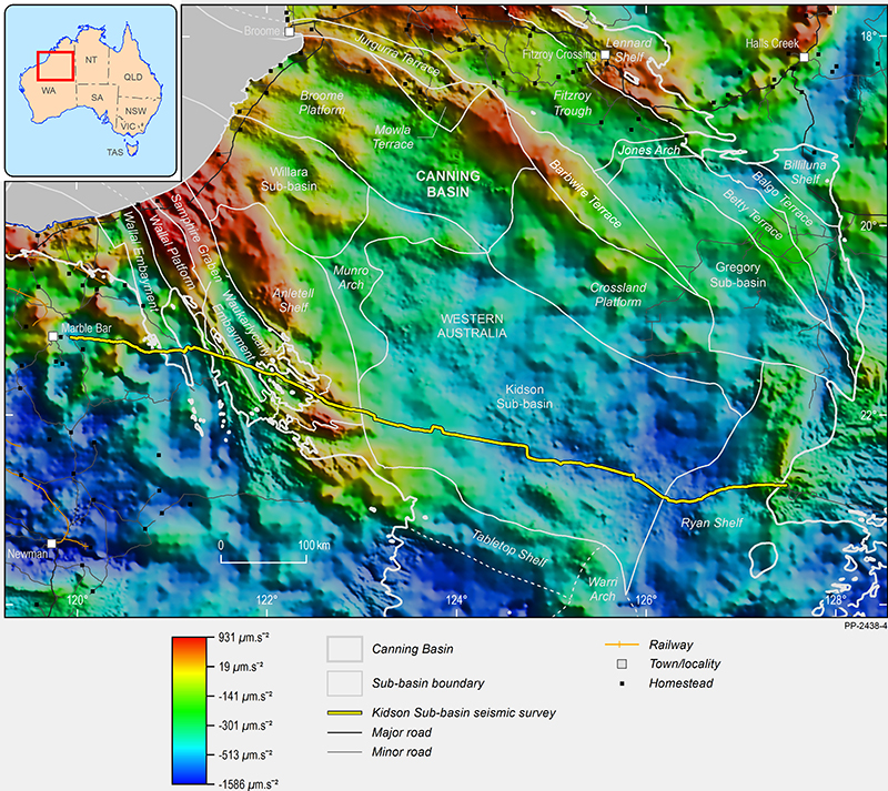 Gravity map of the recently acquired seismic line in the Kidson Sub-basin from Kiwirrkurra to Marble Bar.