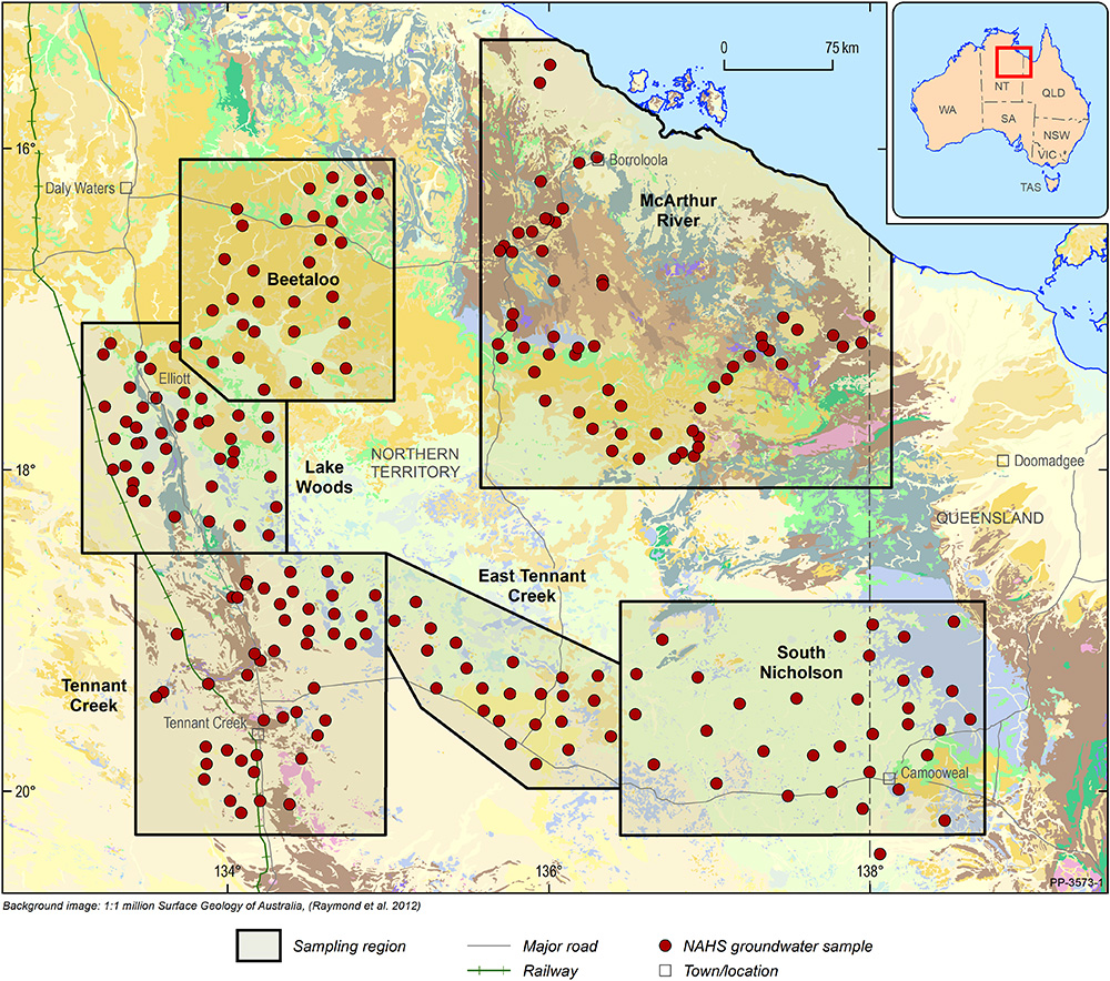 Map showing the coverage of groundwater samples collected as part of the Northern Australia Hydrogeochemistry Survey.