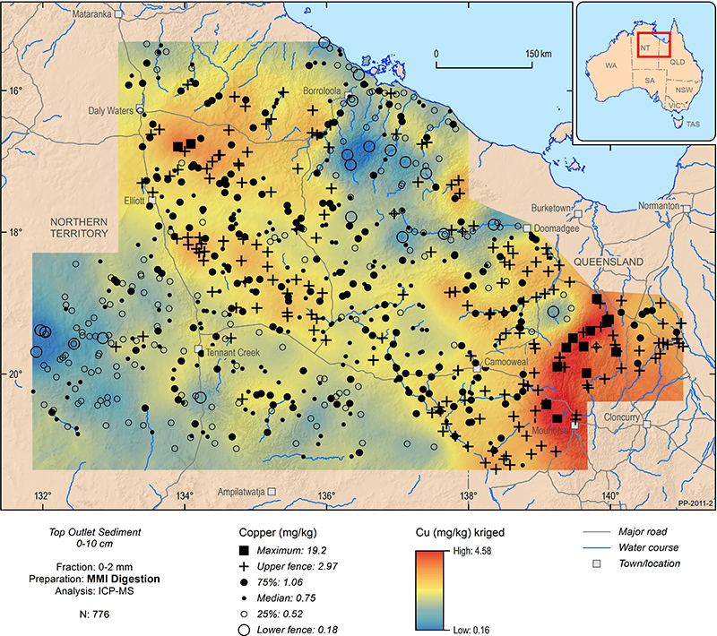 Map showing the distribution of copper in the Northern Australia Geochemical Survey (NAGS) samples over the Tennant Creek  Mt Isa study area. This is from the results of the MMI extraction (the sediment 0-2 mm fraction).