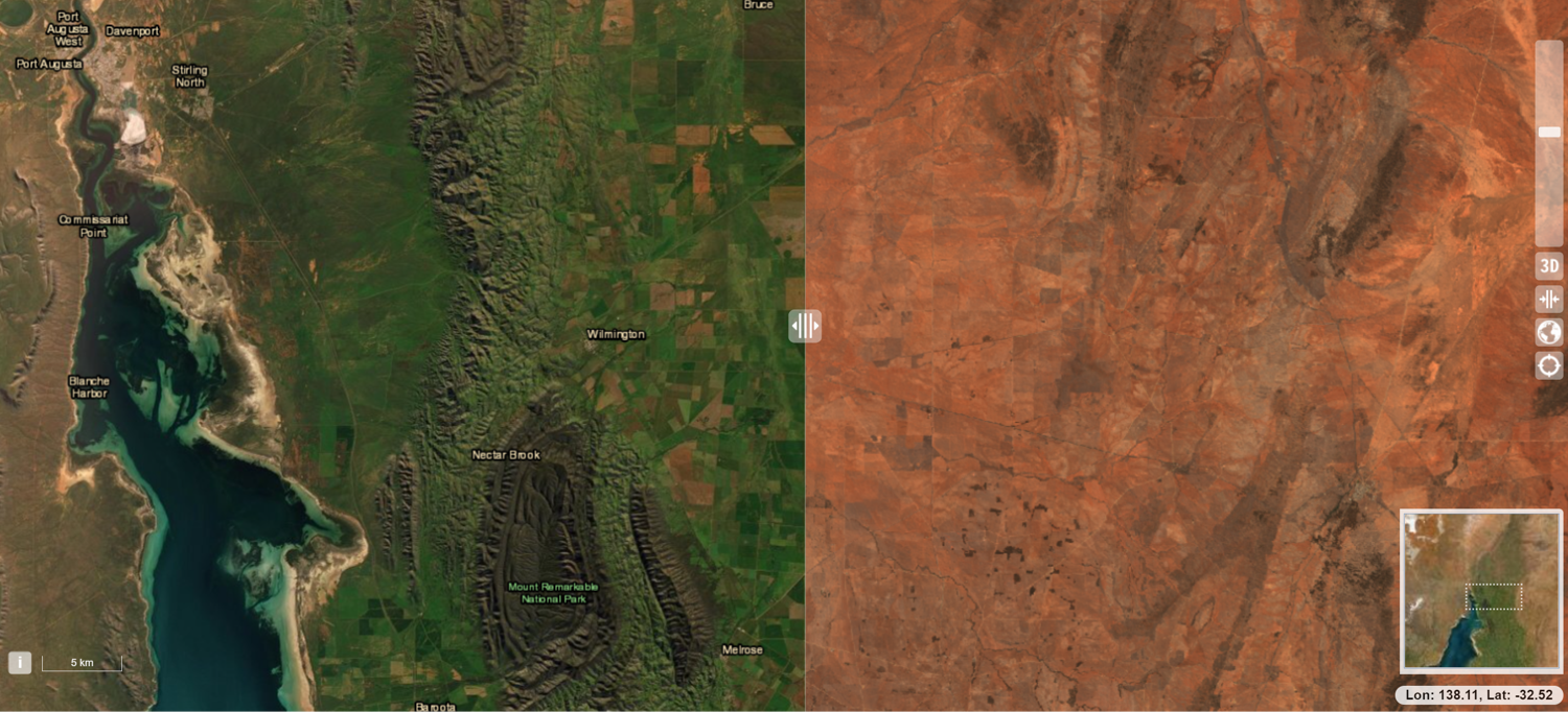 A snapshot of regular satellite imagery on the left and Sentinel-2 Barest Earth imagery on the right