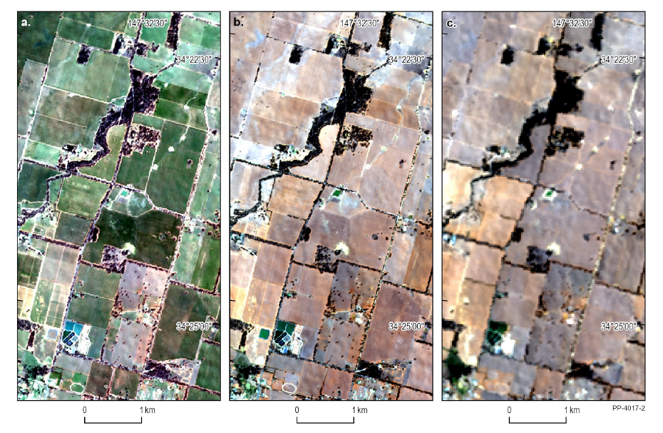 Image over part of the township of Temora central NSW (lower left) comparing Sentinel-2 with other Sentinel-2 Barest Earth products