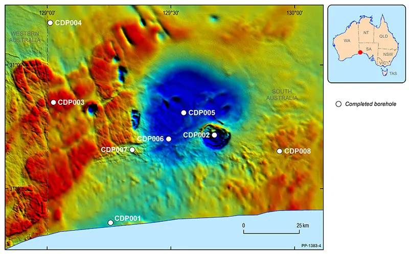 A location map showing eight completed drill holes in the Coompana province of South Australia.