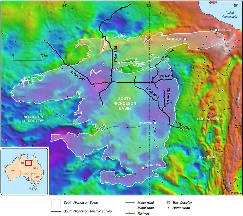 A gravity map showing the completed seismic lines over the South Nicholson Basin region across the Northern Territory and Queensland border.