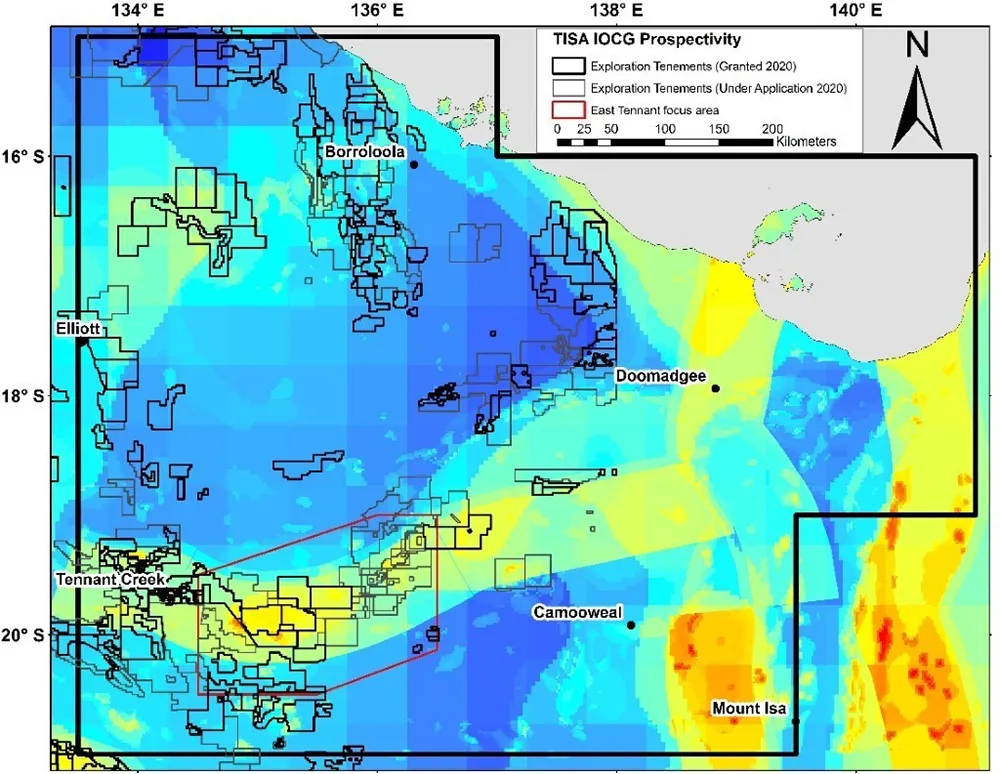 Predictive map of IOCG mineral systems potential in the Tennant Creek to Mt Isa area.