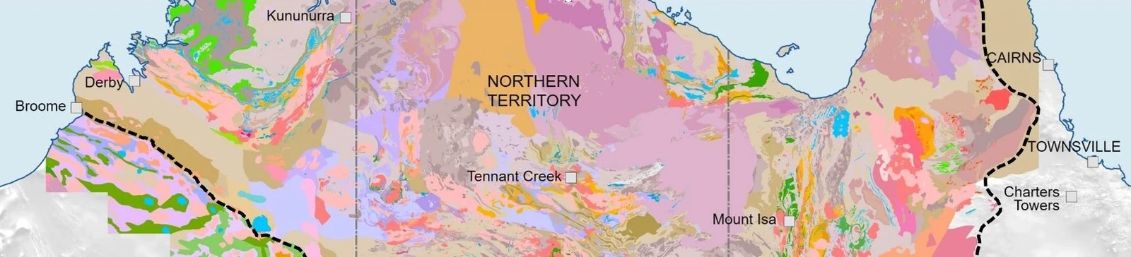 Solid geology map for the pre-Neoproterozoic chronostratigraphic layer for the North Australian Craton (Stewart et al., 2020), overlain on the total magnetic intensity grid (greyscale first vertical derivative) of Australia (Poudjom Djomani and Minty, 2019). Black dashed line shows the outline of the North Australian Craton